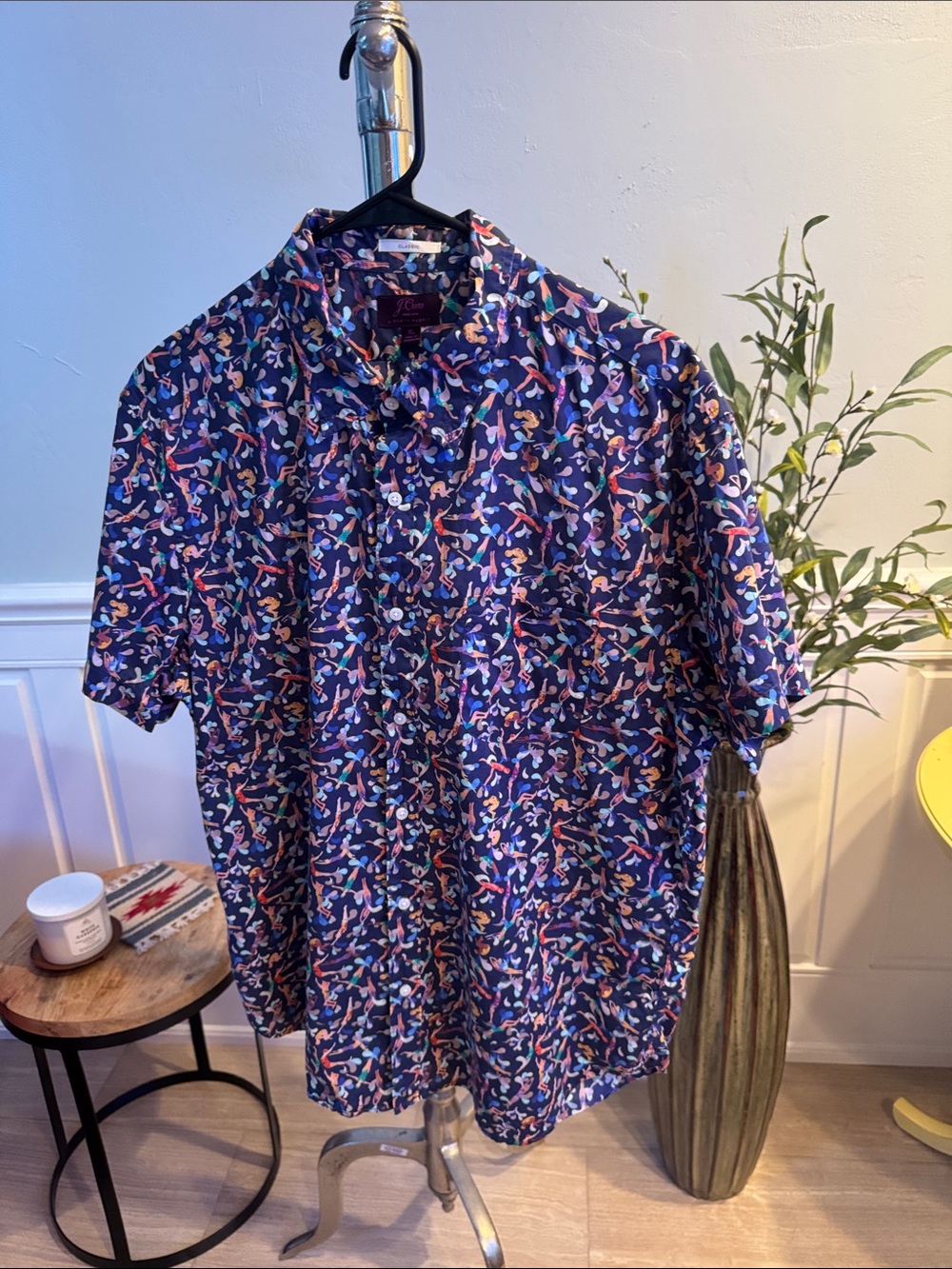 J. Crew Navy Short-Sleeve Button-Down with Multicolor Abstract Print